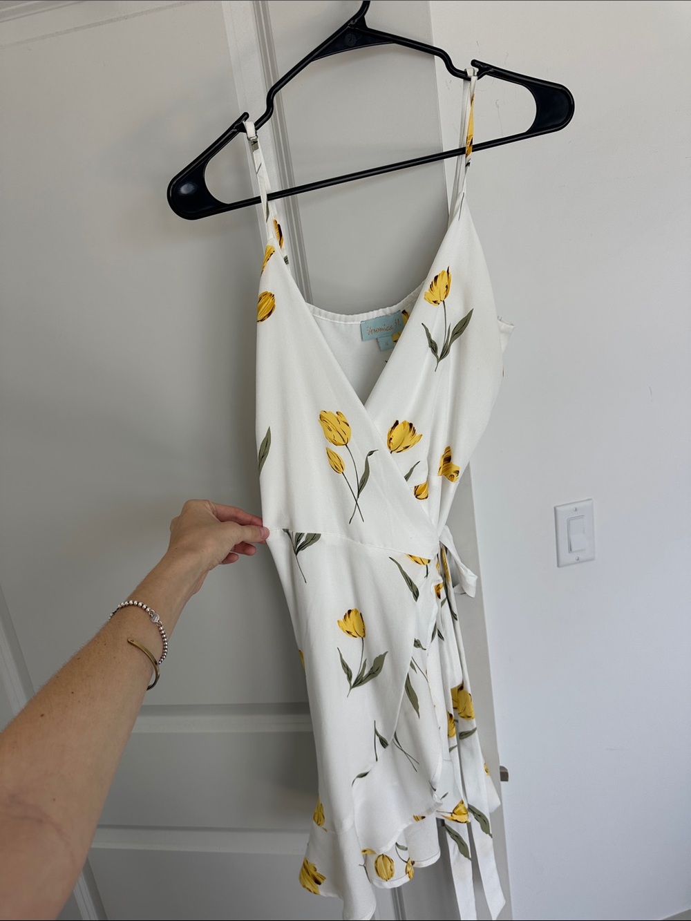Veronica M White Wrap Mini Dress with Yellow Floral Tulips
